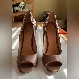 VTG Deadstock L.A.M.B Dora Brown Leather and Leopard Print Peep-Toe Heels Sz 9.5